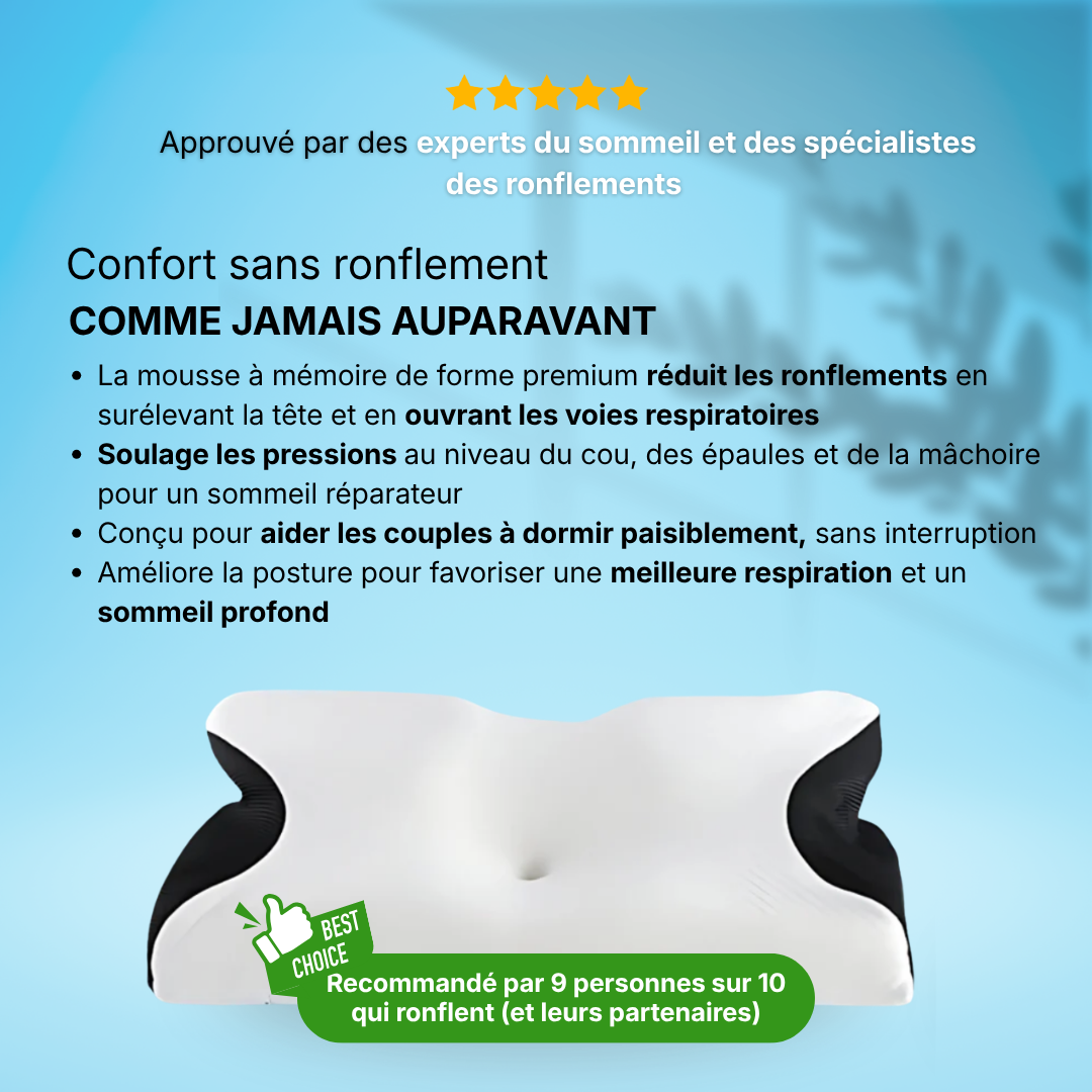 L’oreiller qui fait taire les ronflements — en corrigeant votre position de sommeil | Offre anniversaire 10 ans : -60%